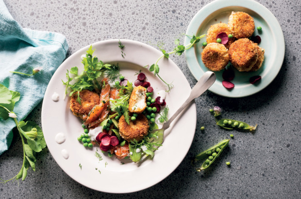 Smoked trout salad with ricotta fritters and buttermilk dressing recipe