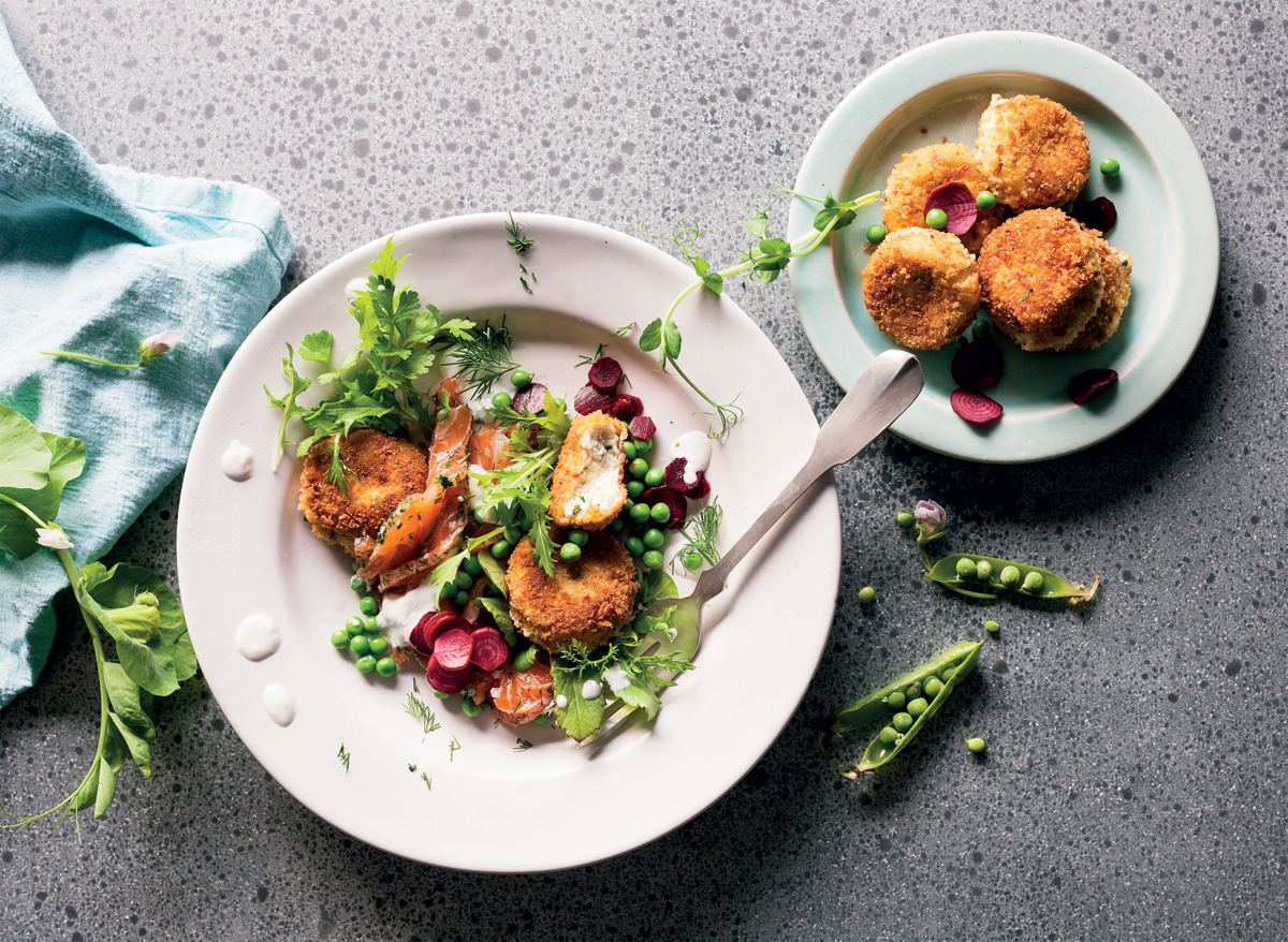 Smoked trout salad with ricotta fritters and buttermilk dressing recipe