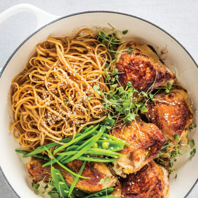 Sticky ginger chicken and crunchy greens with sesame noodles