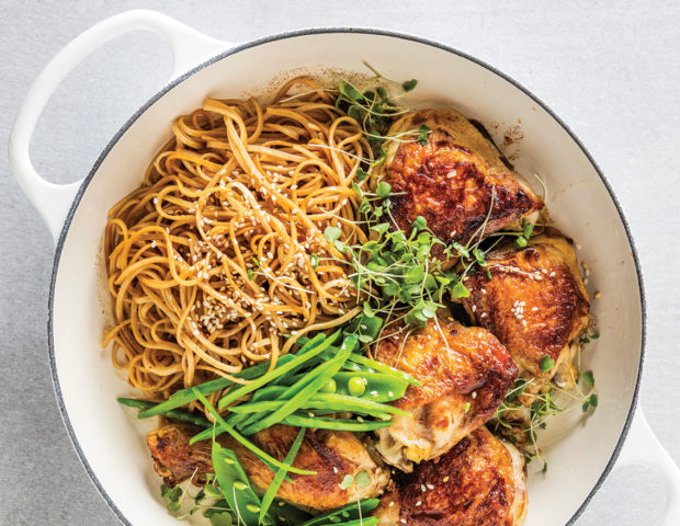 Sticky ginger chicken and crunchy greens with sesame noodles recipe