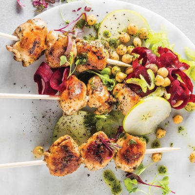 Lemon-and-black pepper chicken kebabs with chickpea salad