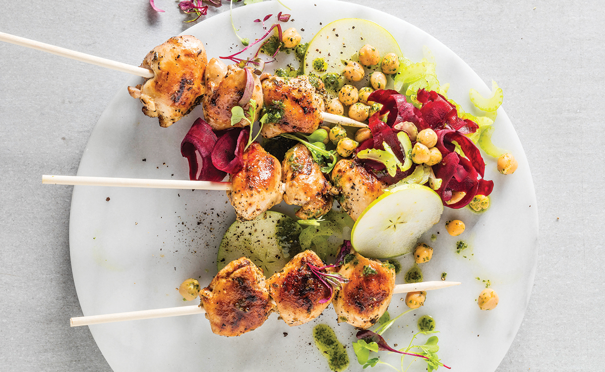 Lemonandblack pepper chicken kebabs with chickpea salad Woolworths