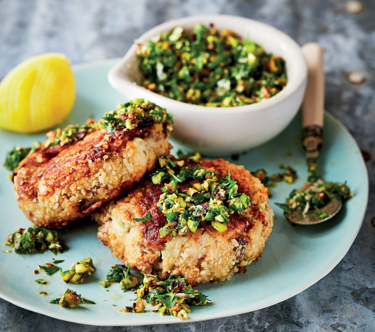 Giant cheesy fish cakes with pistachio pesto | Woolworths TASTE