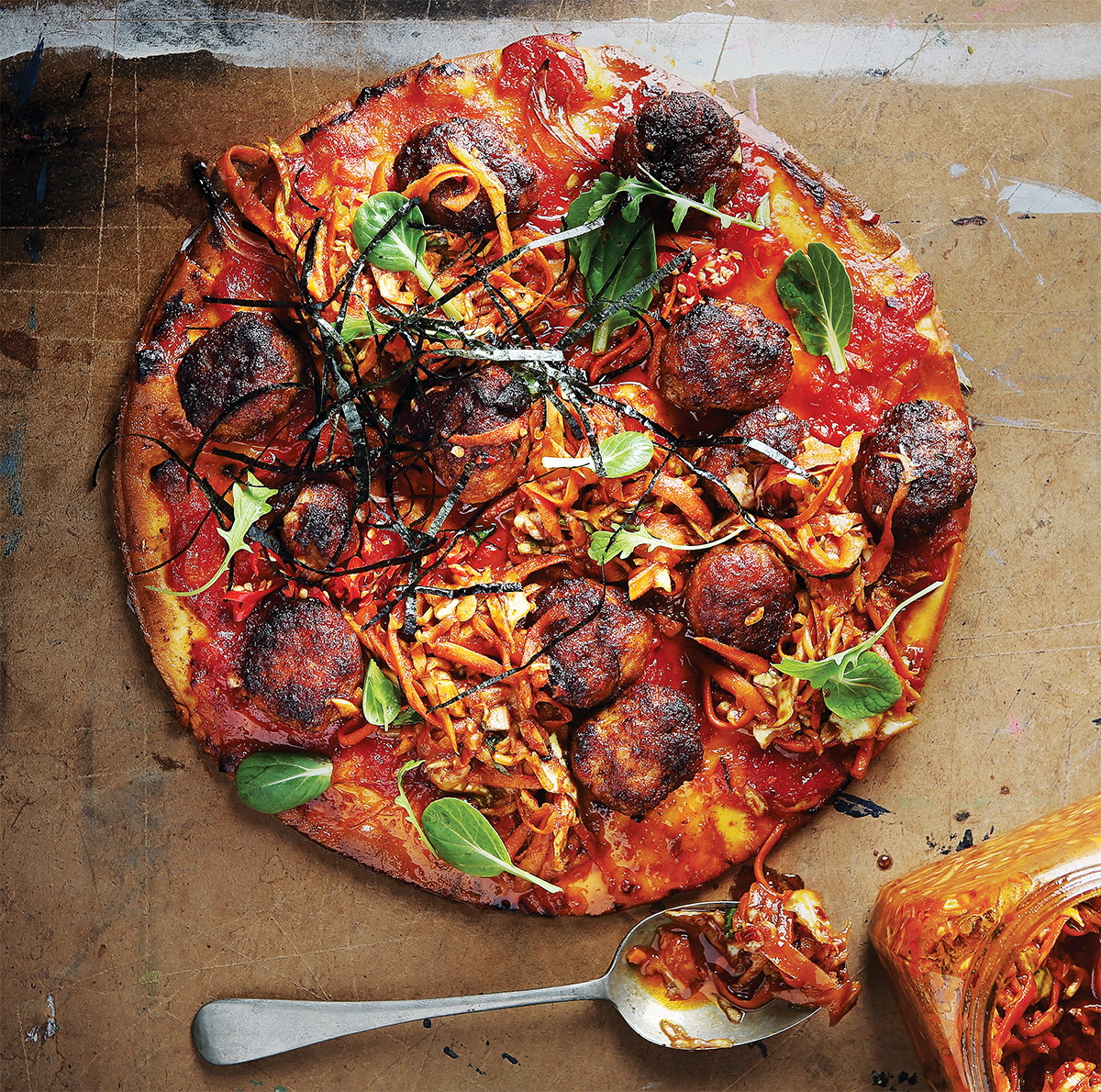 pork-meat-ball-and-kimchi-pizza
