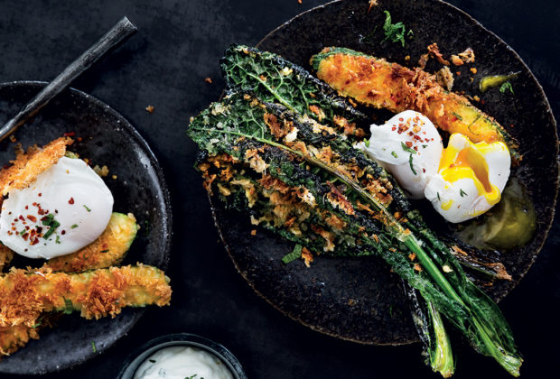 Panko-crumbed baby marrow and kale with poached eggs and yoghurt recipe