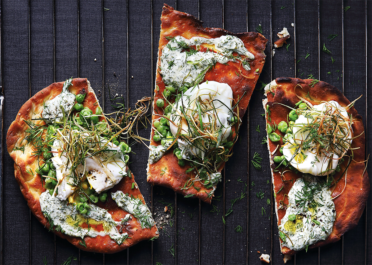 poached-egg-pizza-with-smashed-peas-charred-leeks-and-dill-mayo