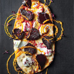 Sweet beetroot pizza with butternut purée and goat's cheese