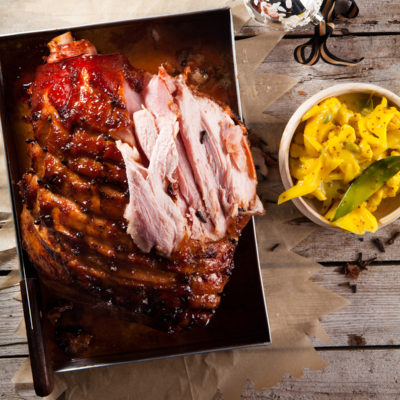 Maple-glazed gammon with cardamom-and-ginger piccalilli