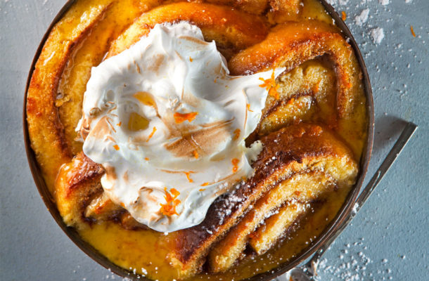 Swiss roll bread-and-butter pudding