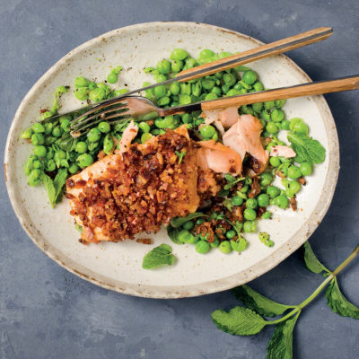 Bacon-crusted salmon with minty peas