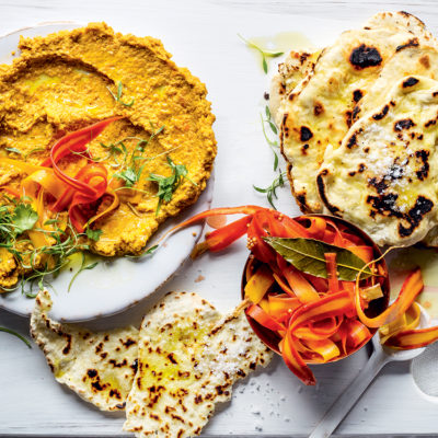 Moroccan-spiced carrot hummus with pickled carrots and flatbreads