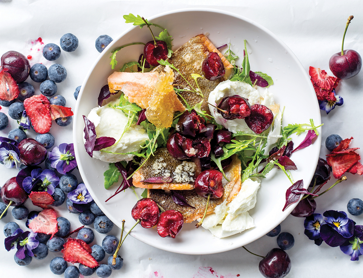 Seared trout with buffalo mozzarella, cherries and gingered honey sauce recipe