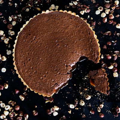 Molten chocolate and burnt caramel tart