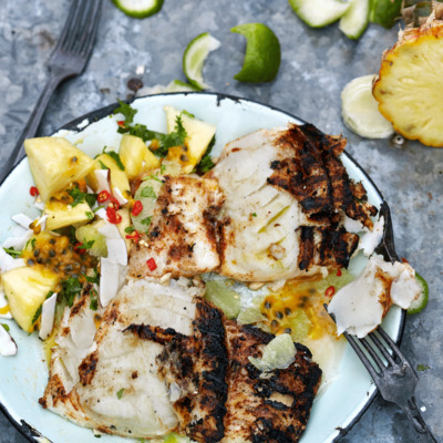 Brined hake with tangy pineapple-and-coconut salsa