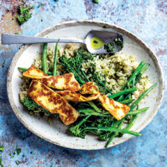Brown rice, grilled greens and green pesto bowl
