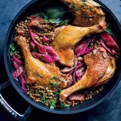 Bacon-and-date roast duck legs on lentils