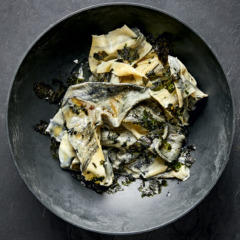 Charcoal pasta with seaweed butter