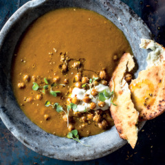 Spicy carrot and pumpkin soup with creamed feta and roast dukkah chickpeas