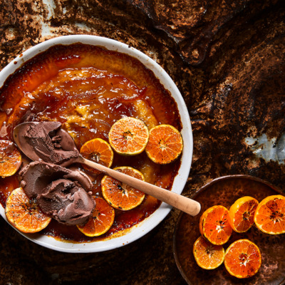 Sticky burnt orange self-saucing pudding
