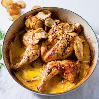Fennel-and-orange roast chicken with sweet potato crisps