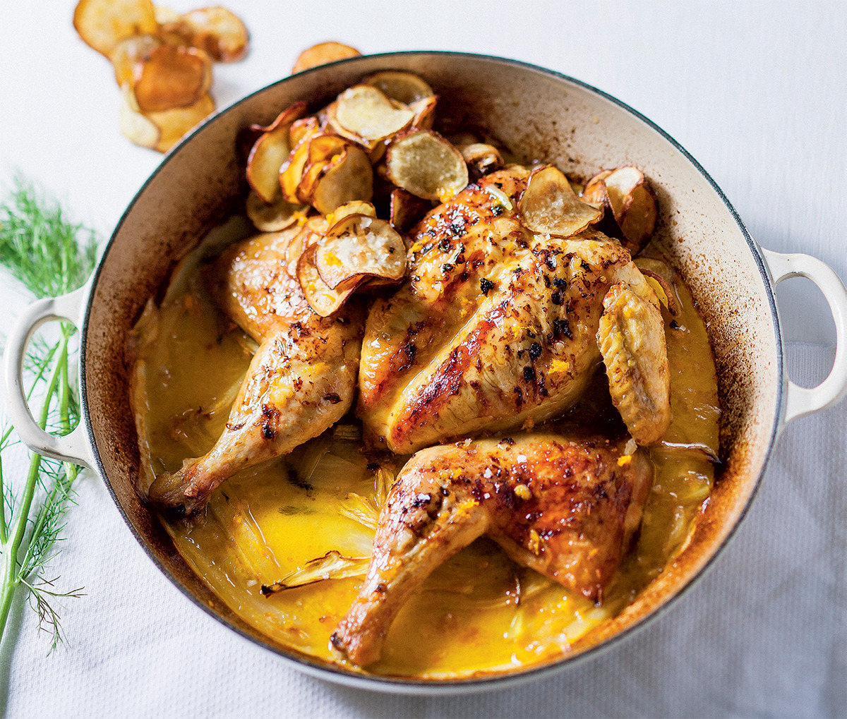 Fennel-and-orange roast chicken with sweet potato crisps | Woolworths TASTE