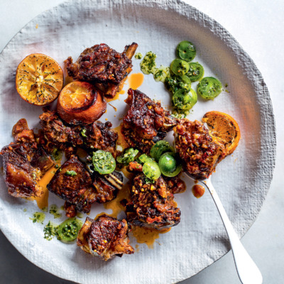 Citrus-braised shortrib with chilli, lime and green tomato salsa