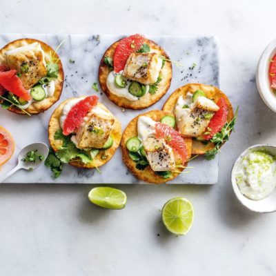 Fish tacos with one-minute lime mayonnaise and pink grapefruit