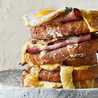 Open two-cheese croque madame