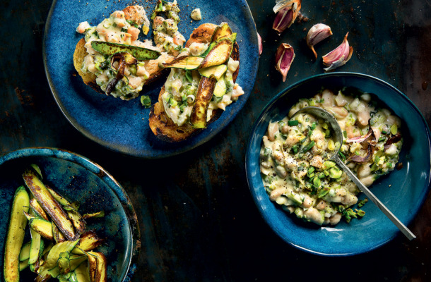 Smoky baby marrows with garlicky cannellini beans on toast recipe