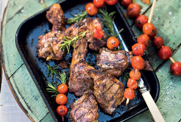 Harissa lamb chops with blistered tomatoes on skewers recipe
