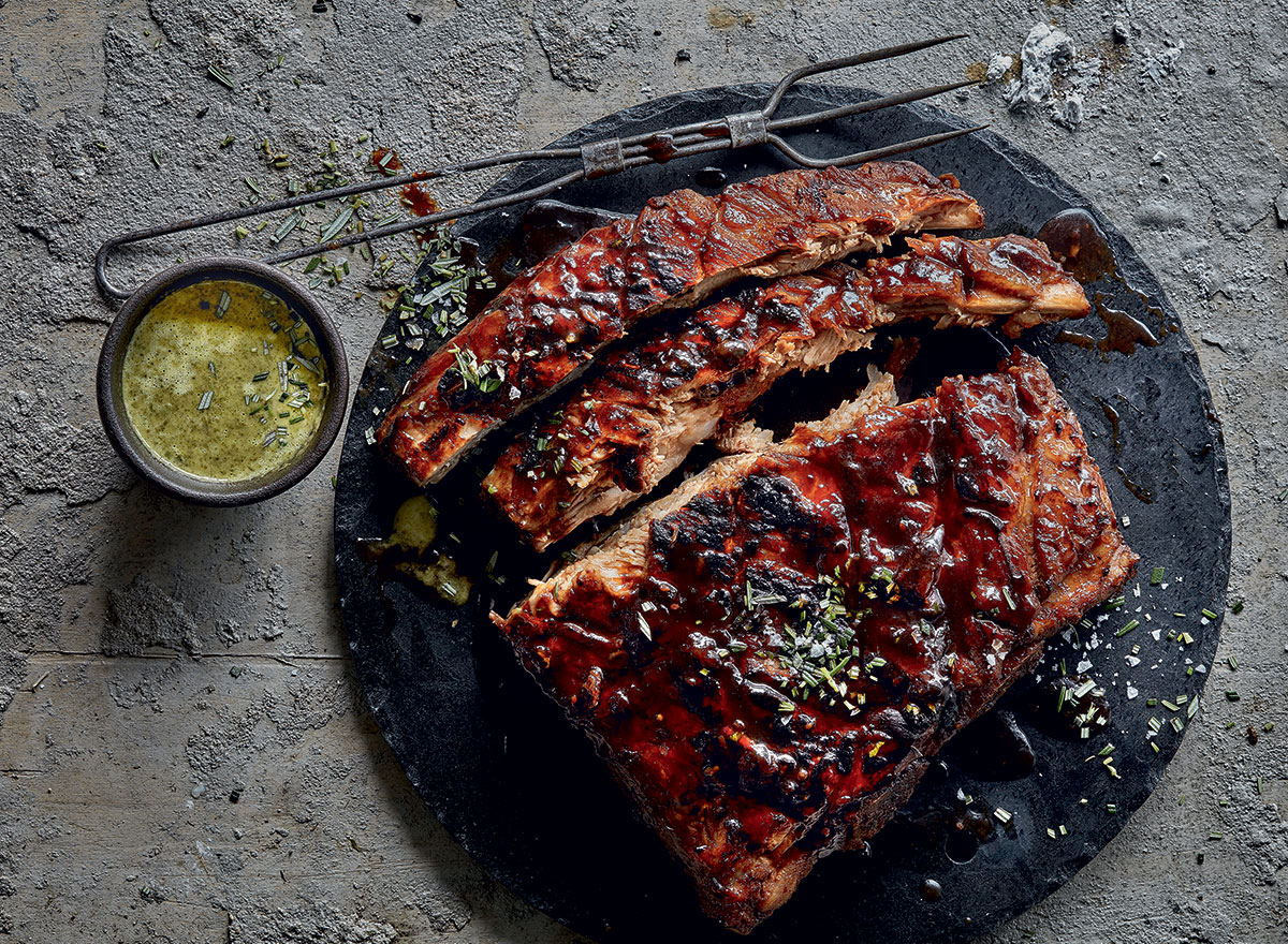 Sticky pot-braaied ribs in beer with chilli-and-mint salsa recipe