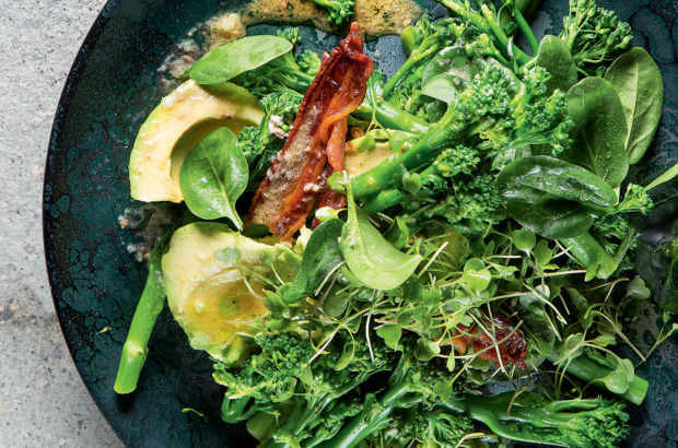 Tenderstem broccoli, avocado and bacon dressed with warm anchovy butter recipe