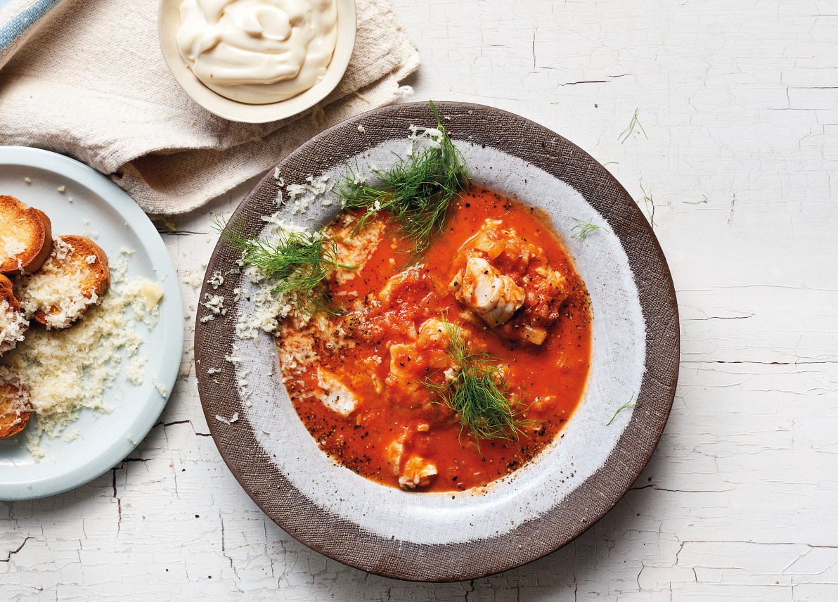 Fish soup with croutons, cheese and garlic mayo recipe