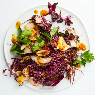 Red cabbage-and-apple slaw with tamarind, turmeric and ginger dressing