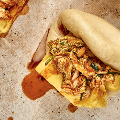 Bao with kimchi and folded omelette