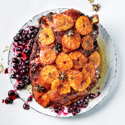 Naartjie-glazed gammon with blueberries and star anise