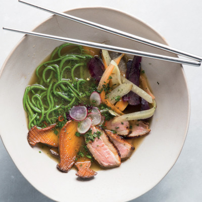 Seared duck ramen with spinach-and-cauliflower noodles