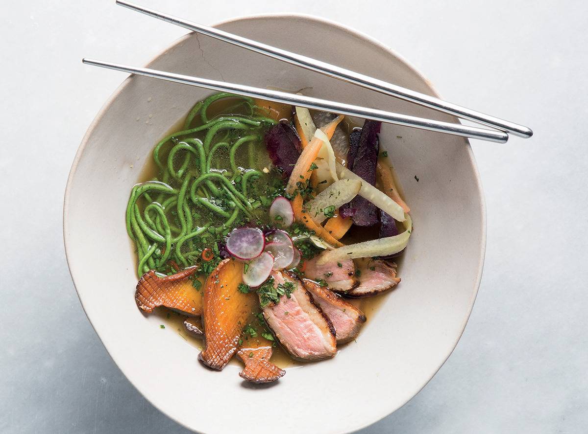 Seared duck ramen with spinach-and-cauliflower noodles recipe
