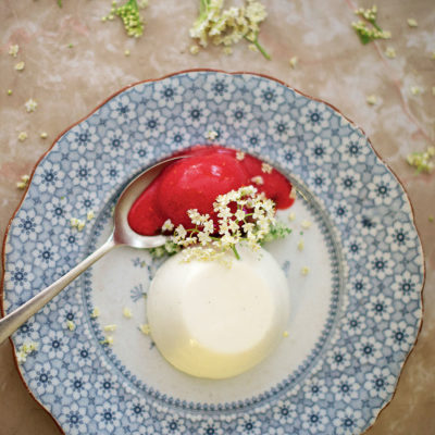 Yoghurt panna cotta with strawberry sorbet and rose geranium sugar