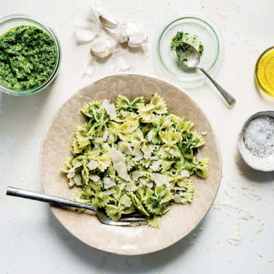 Frugal-ish broccoli-and-basil pesto pasta salad