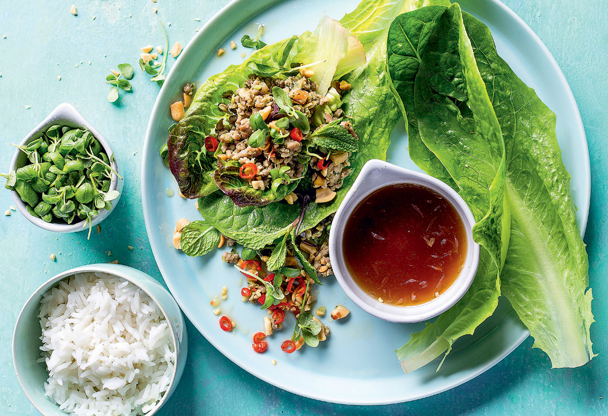 Pork larb with cos spears recipe