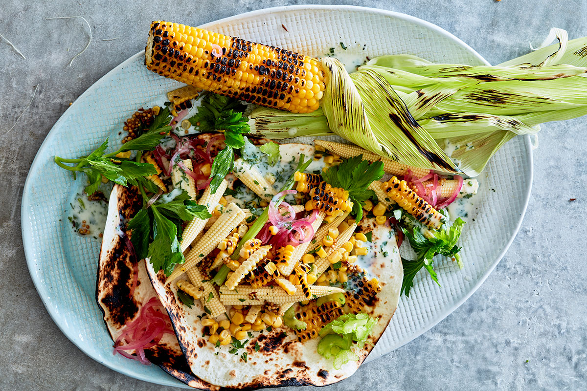 Two-corn salad with charred tortillas recipe