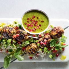 Bobotie kebabs with pomegranate-and-almond rice salad
