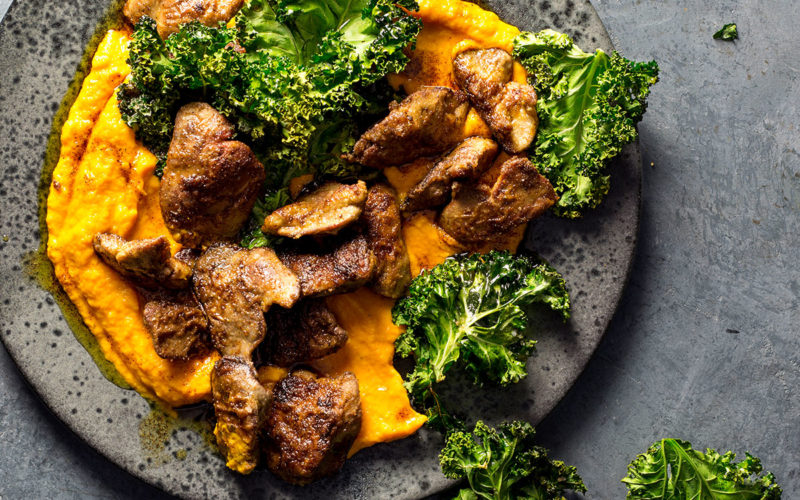 Chicken livers with carrot mash and crispy kale recipes