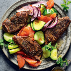 Ostrich steaks with grapefruit-and-cucumber salad