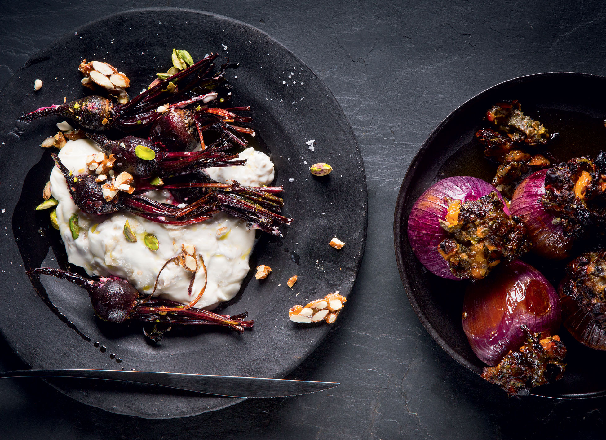 baba ganoush with roast baby beetroot and almond brittle recipe