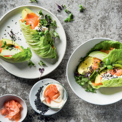 Lettuce wraps with smoked trout and avocado