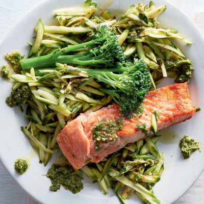 Raw baby marrow salad with basil pesto and trout