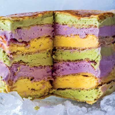 Multi-coloured frozen pancake stack