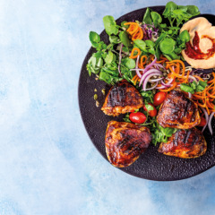 Grilled spice-rubbed chicken thighs with crunchy salad